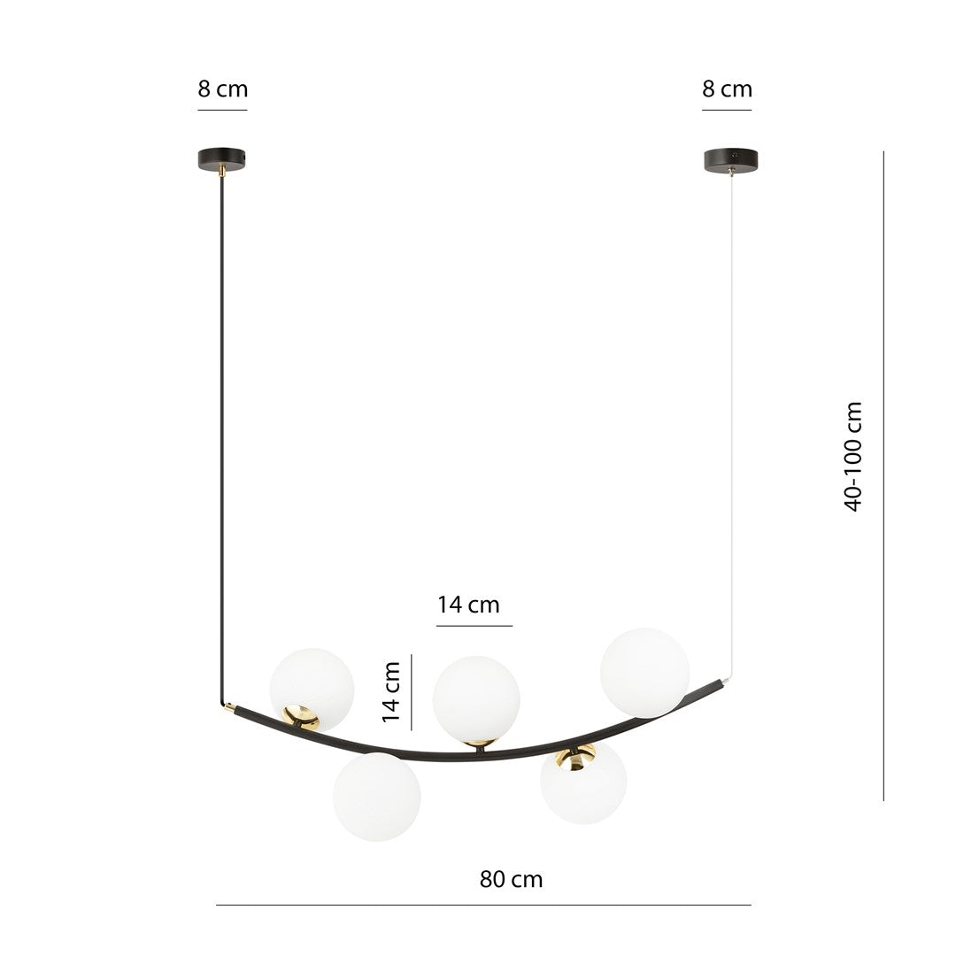 Schéma coté indiquant 80 cm de large, 14 cm de globe et hauteur réglable 40-100 cm
