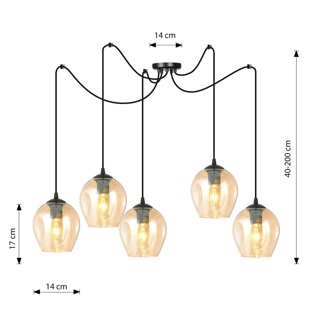 Schéma coté : hauteur réglable 40 à 200 cm, rosace et globes de 17 cm