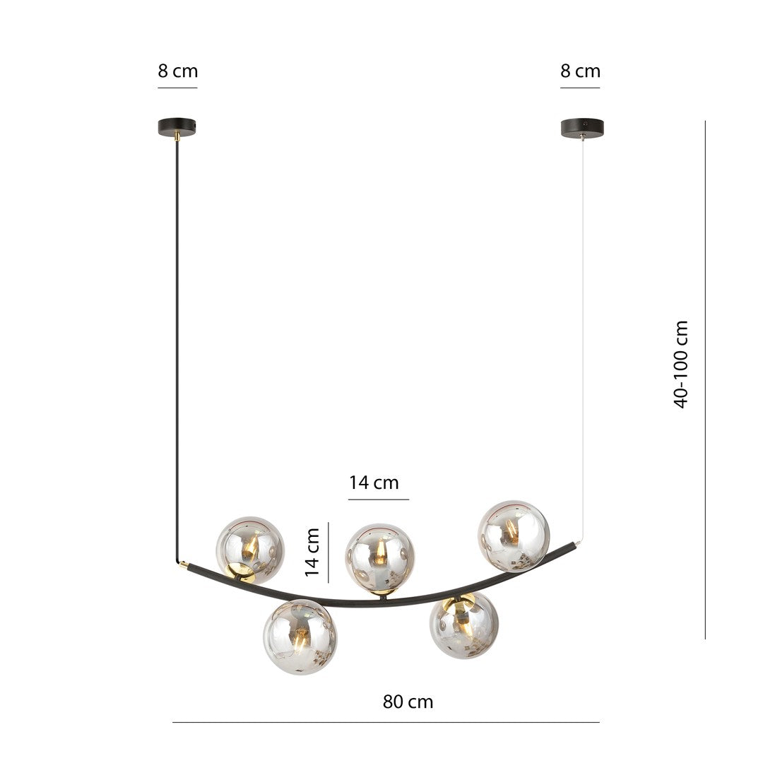 Schéma coté du luminaire avec hauteur réglable, largeur et diamètre des globes.