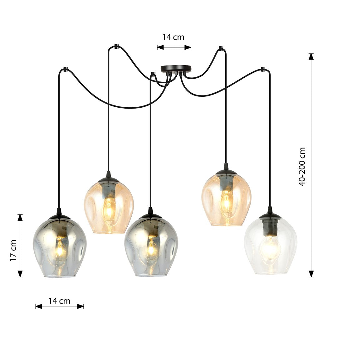 Schéma coté : hauteur réglable 40 à 200 cm, rosace 14 cm, globes 17 cm