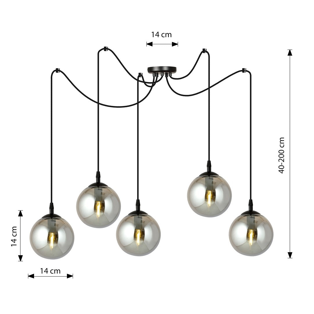 Schéma coté du luminaire : hauteur réglable de 40 à 200 cm, globes de 14 cm