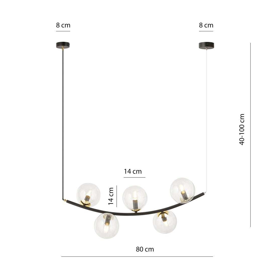 Schéma coté : largeur 80 cm, hauteur réglable 40-100 cm, globes 14 cm.