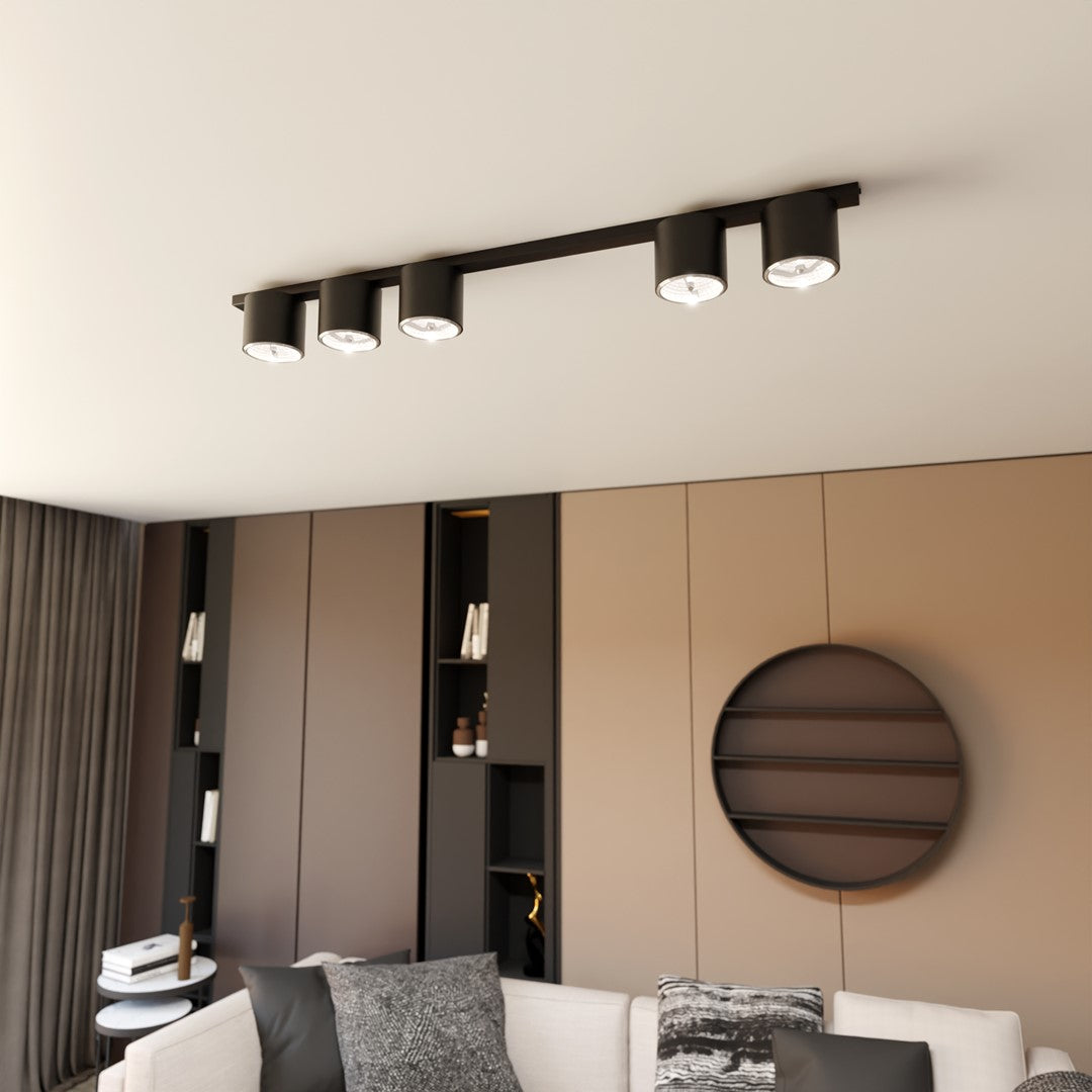 Mise en ambiance salon moderne, plafonnier noir fixé au plafond au-dessus du canapé