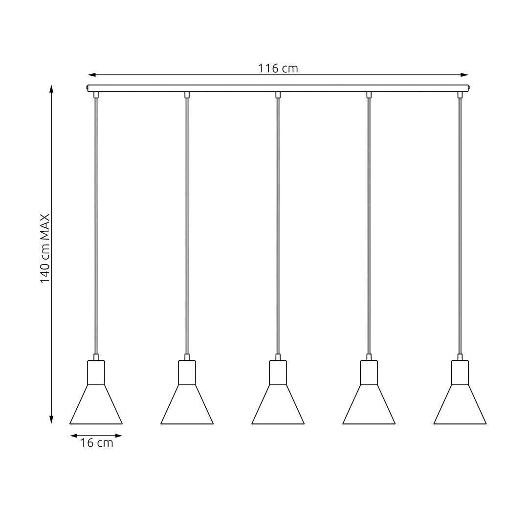 Schéma technique coté montrant rail de 116 cm et hauteur maximale de 140 cm