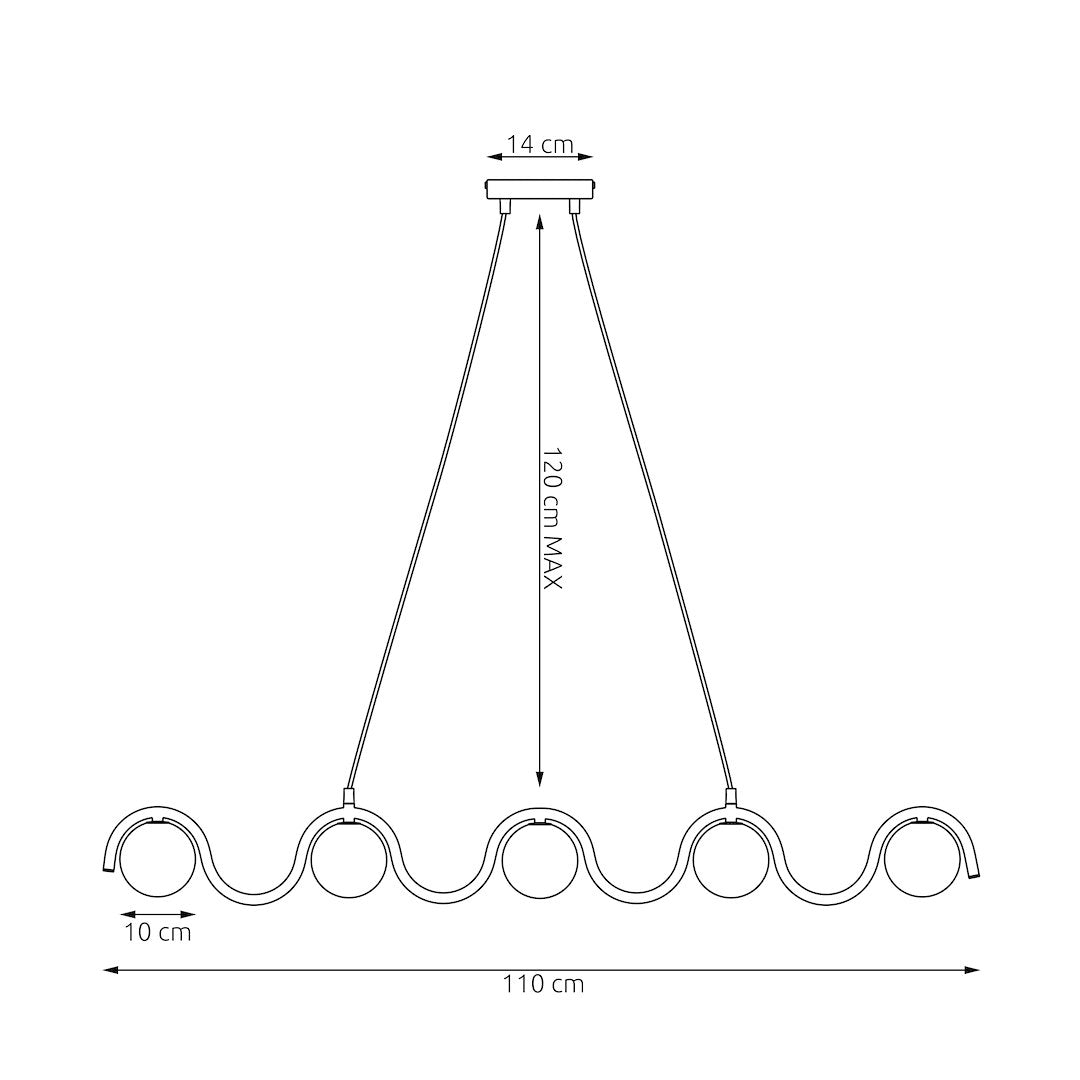 Schéma coté indiquant 110 cm de large, 120 cm de hauteur et globes de 10 cm