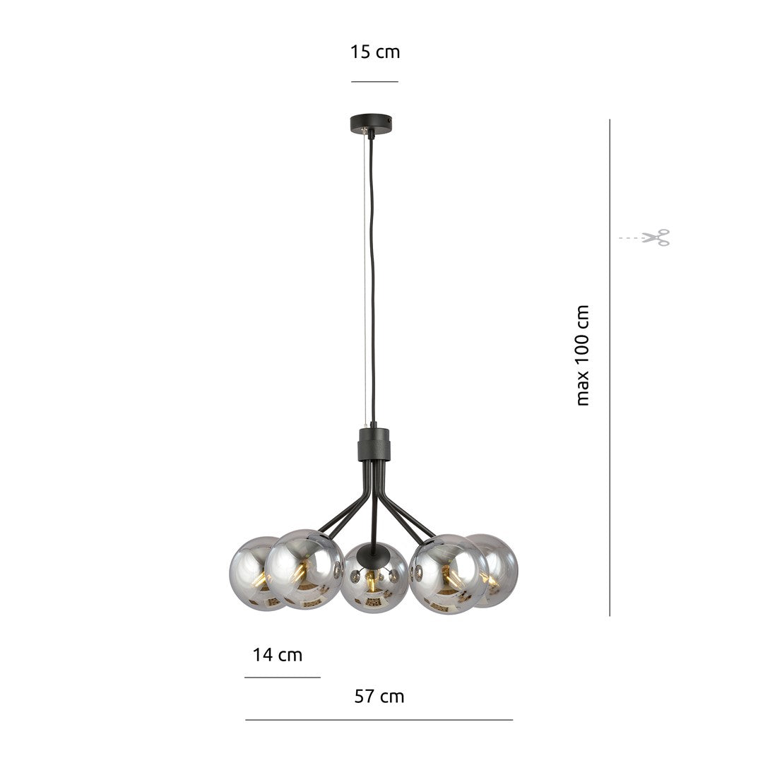 Schéma de dimensions du luminaire avec hauteur maximale, largeur et diamètre du socle.