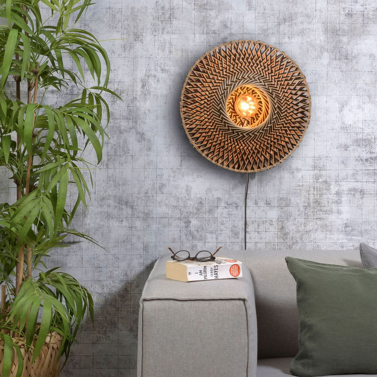 Applique murale Bali en bambou, crème et noir, Ø 44 cm