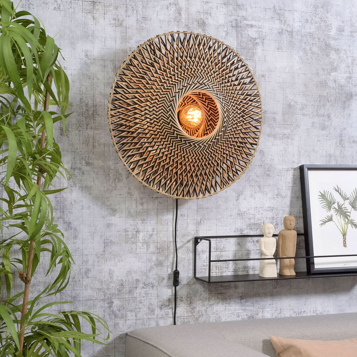 Applique murale Bali en bambou, crème et noir, Ø 60 cm
