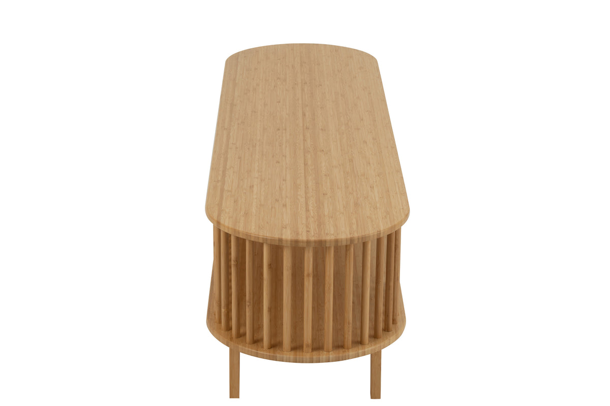Vue de profil montrant la silhouette ovale et étroite du meuble bambou