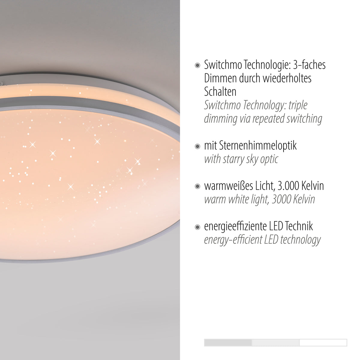 Détail du diffuseur étoilé avec mentions technique, lumière chaude 3000 kelvins et LED.