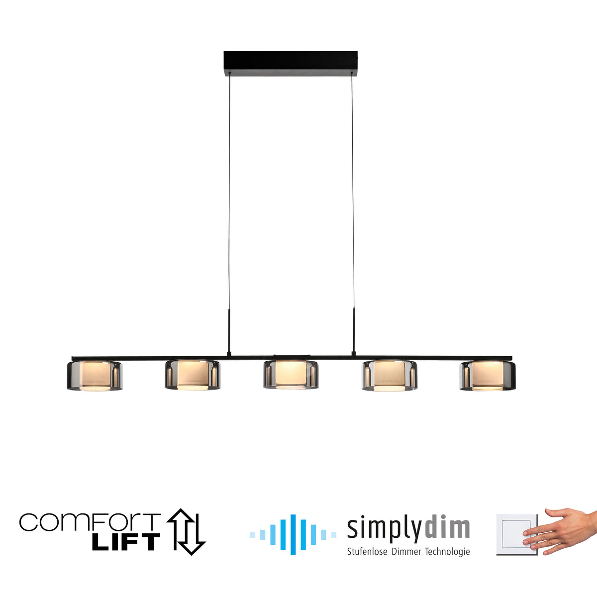 Vue détourée du luminaire avec pictogrammes de réglage de hauteur et variateur intégré