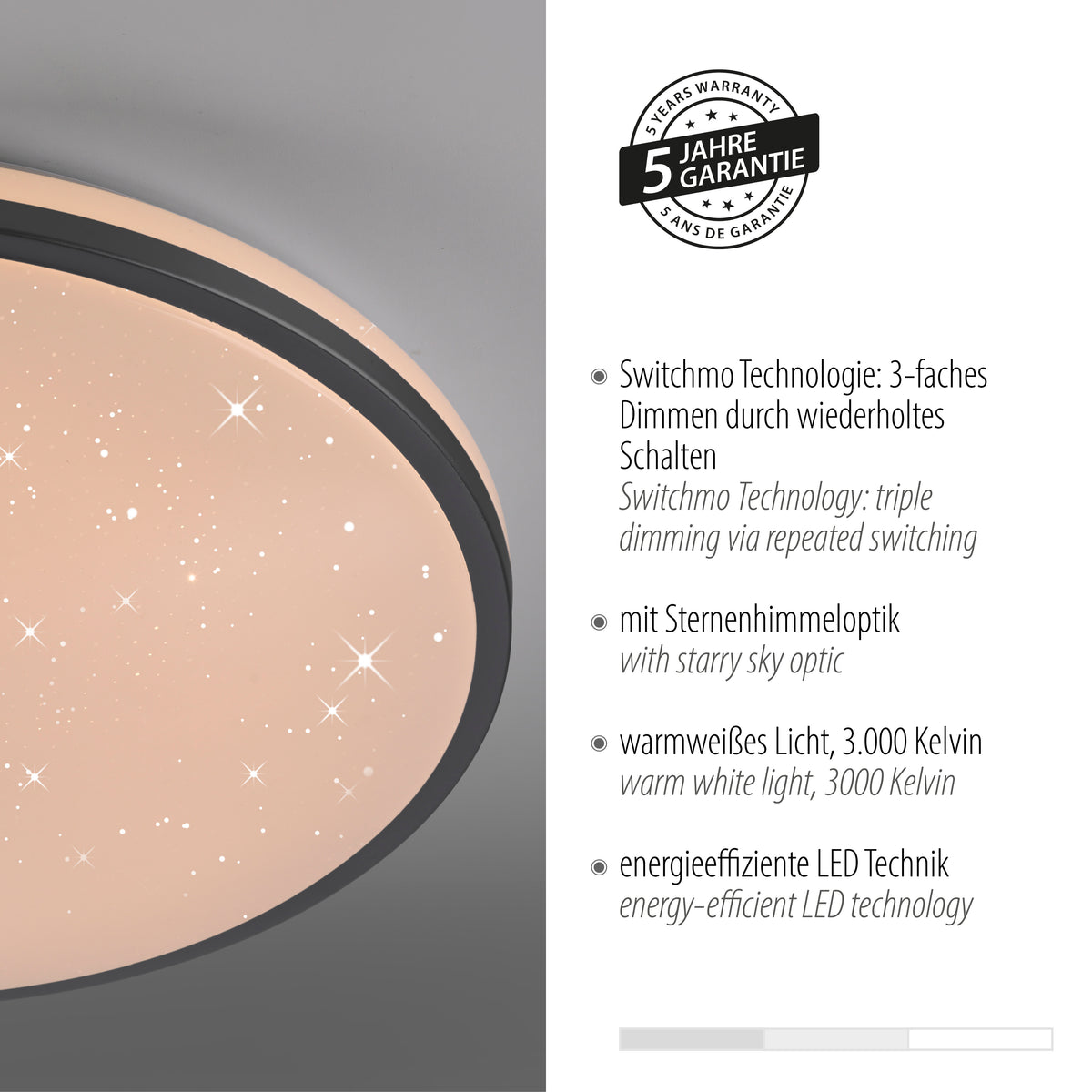 Gros plan sur le luminaire avec badge cinq ans de garantie et arguments produit.