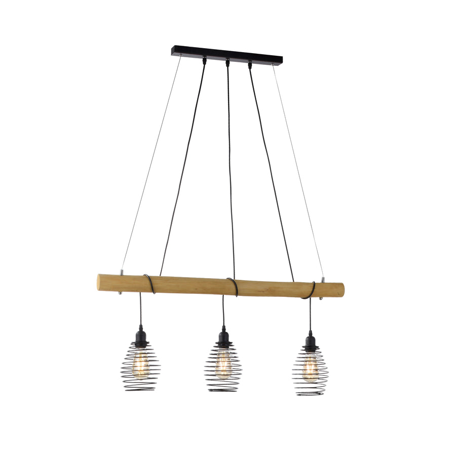 Suspension Spring 3 lumières noire et bois