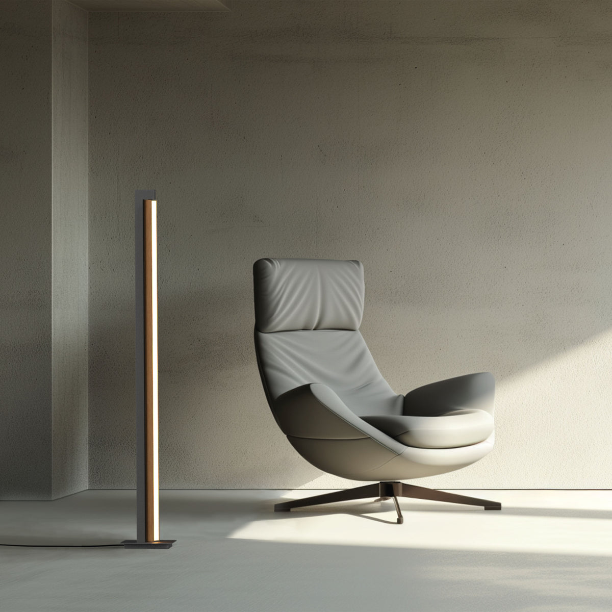 Mise en ambiance du lampadaire allumé près d'un fauteuil dans un intérieur minimal