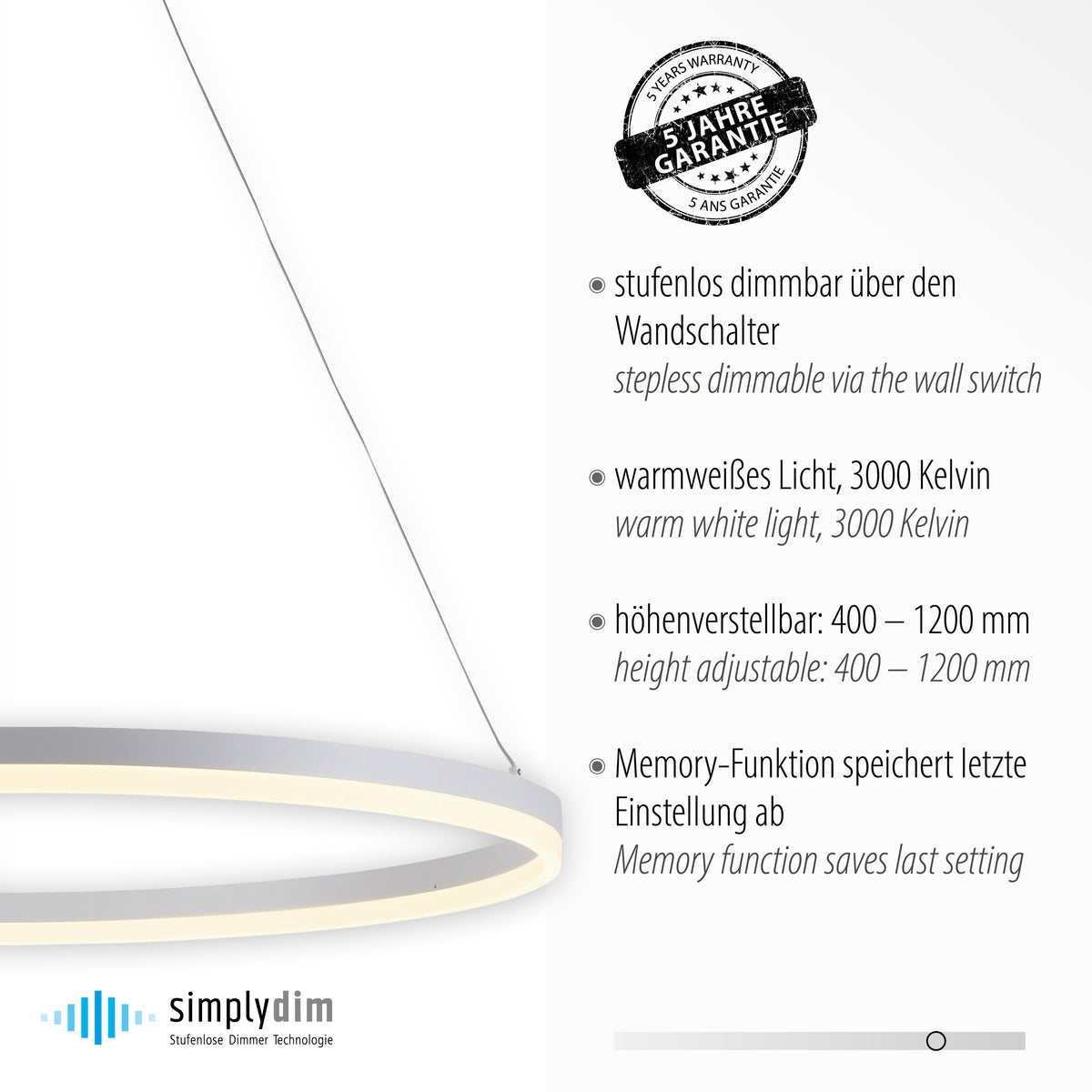 Détail de l'anneau blanc et liste des caractéristiques techniques du luminaire.