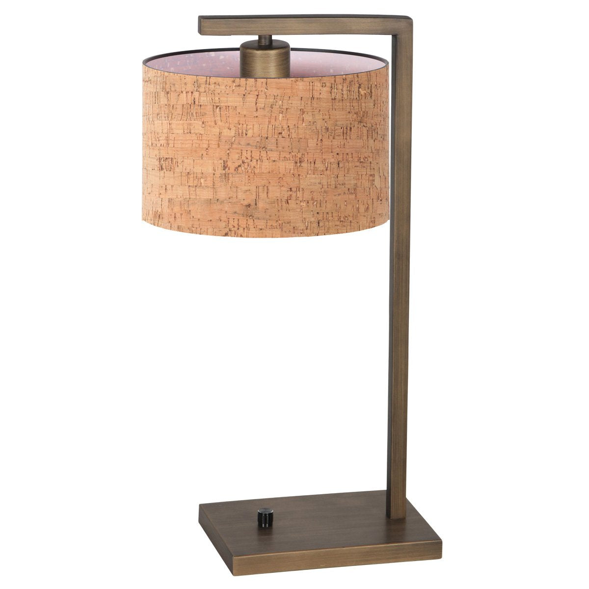 Vue de profil opposé de la lampe, montrant le pied rectangulaire et le bras en équerre.