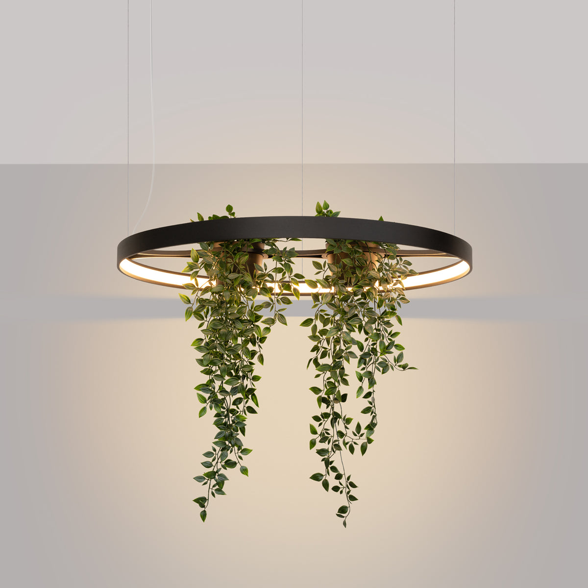 Mise en ambiance du lustre allumé, lumière chaude diffusée par l'anneau LED