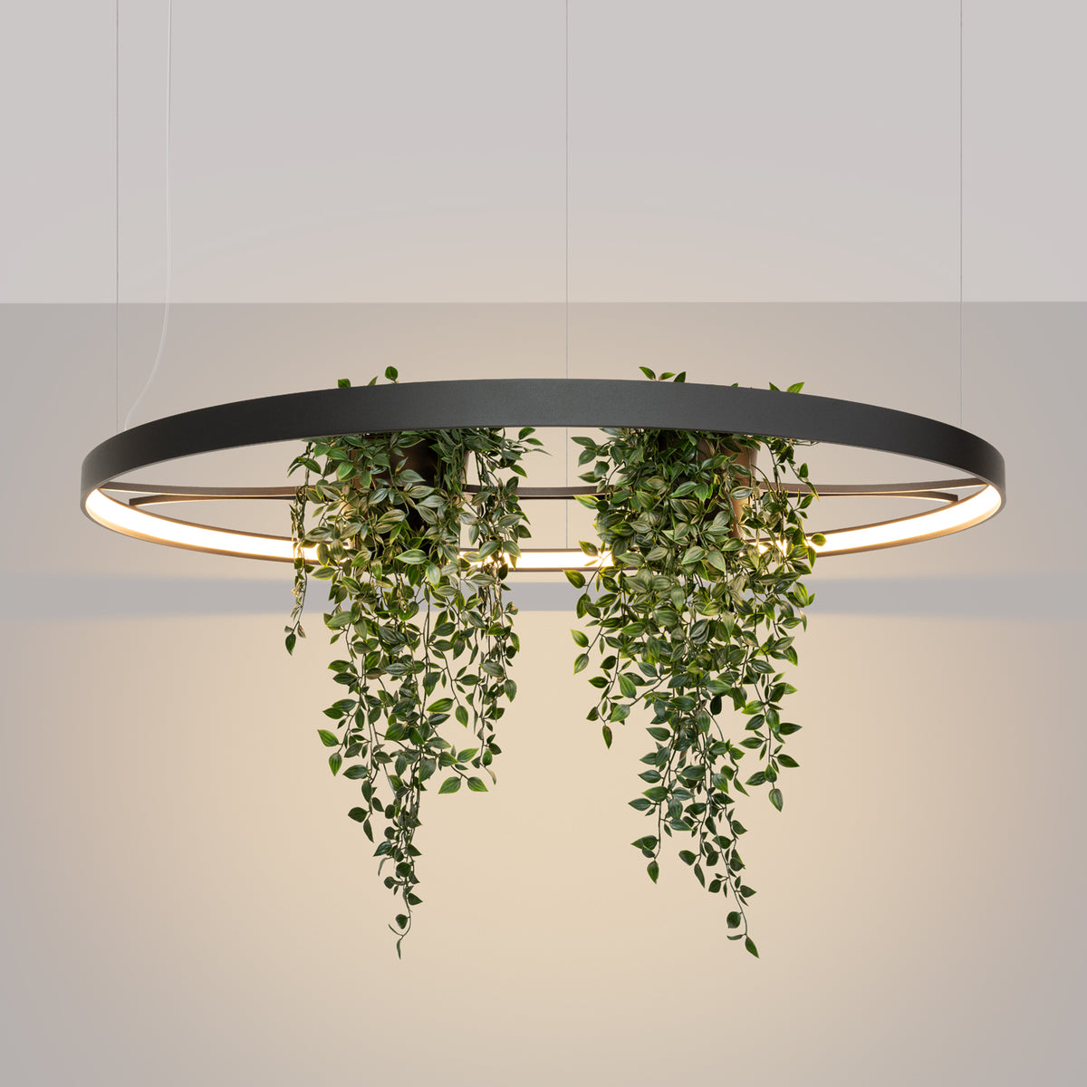 Luminaire allumé diffusant une lumière chaude LED 3000K sur fond neutre