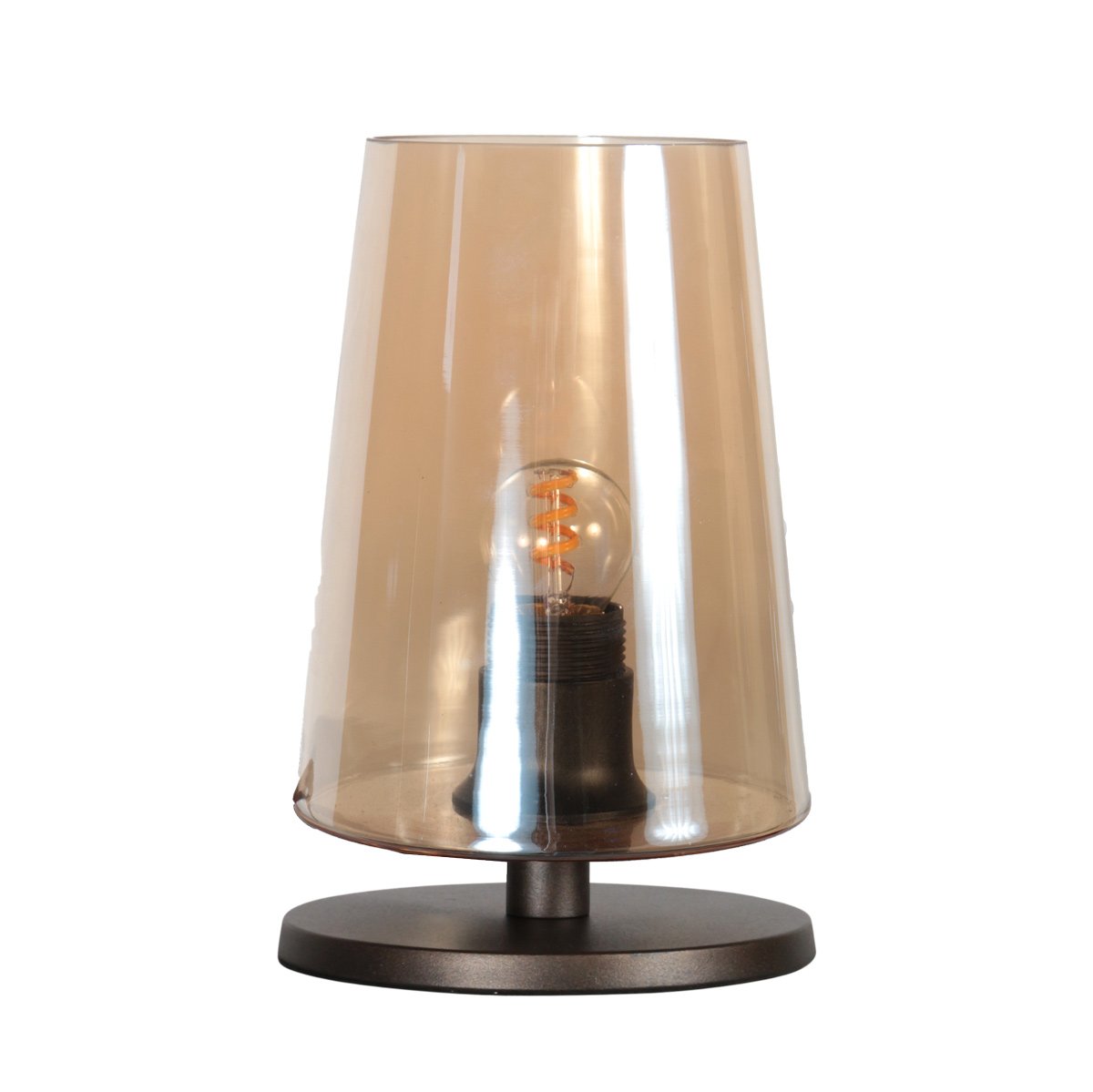 Vue de trois quarts du luminaire allumé, ampoule à filament bien visible