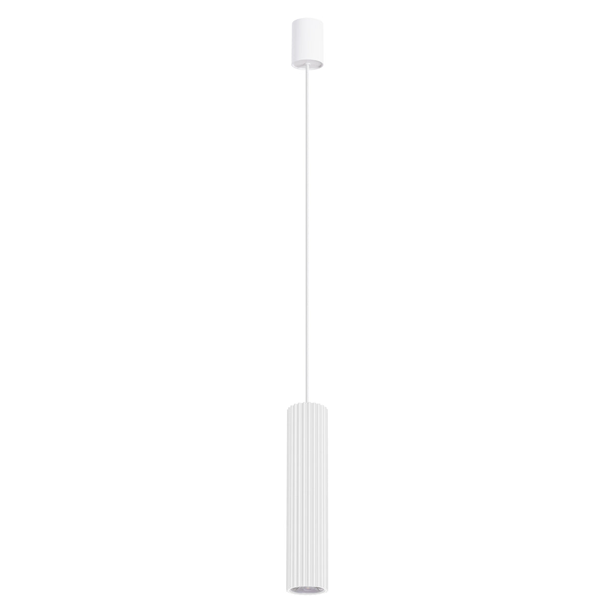 Variante blanche du luminaire, vue de face avec câble et rosace blancs.