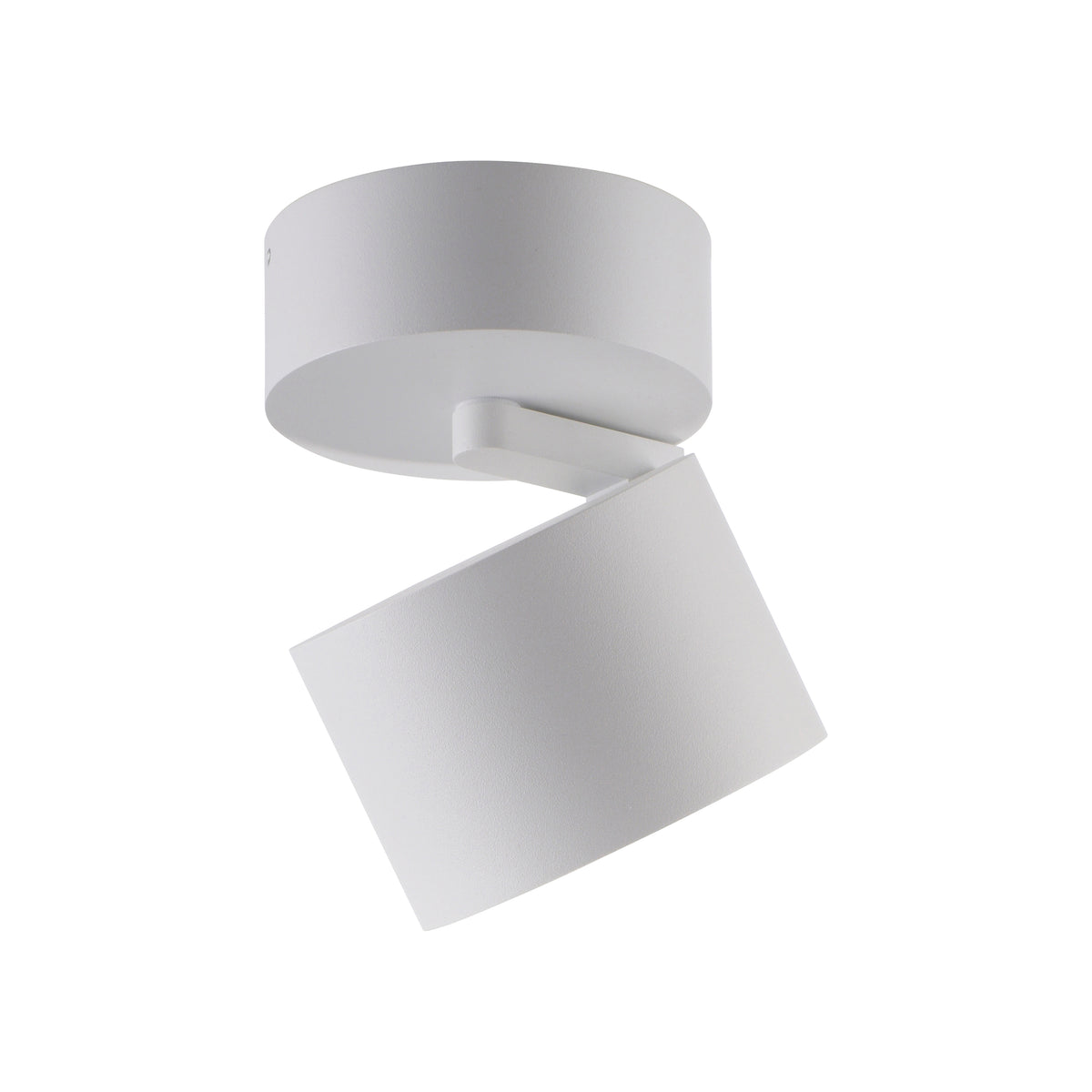 Vue de profil sur fond blanc du plafonnier cylindrique blanc orientable.