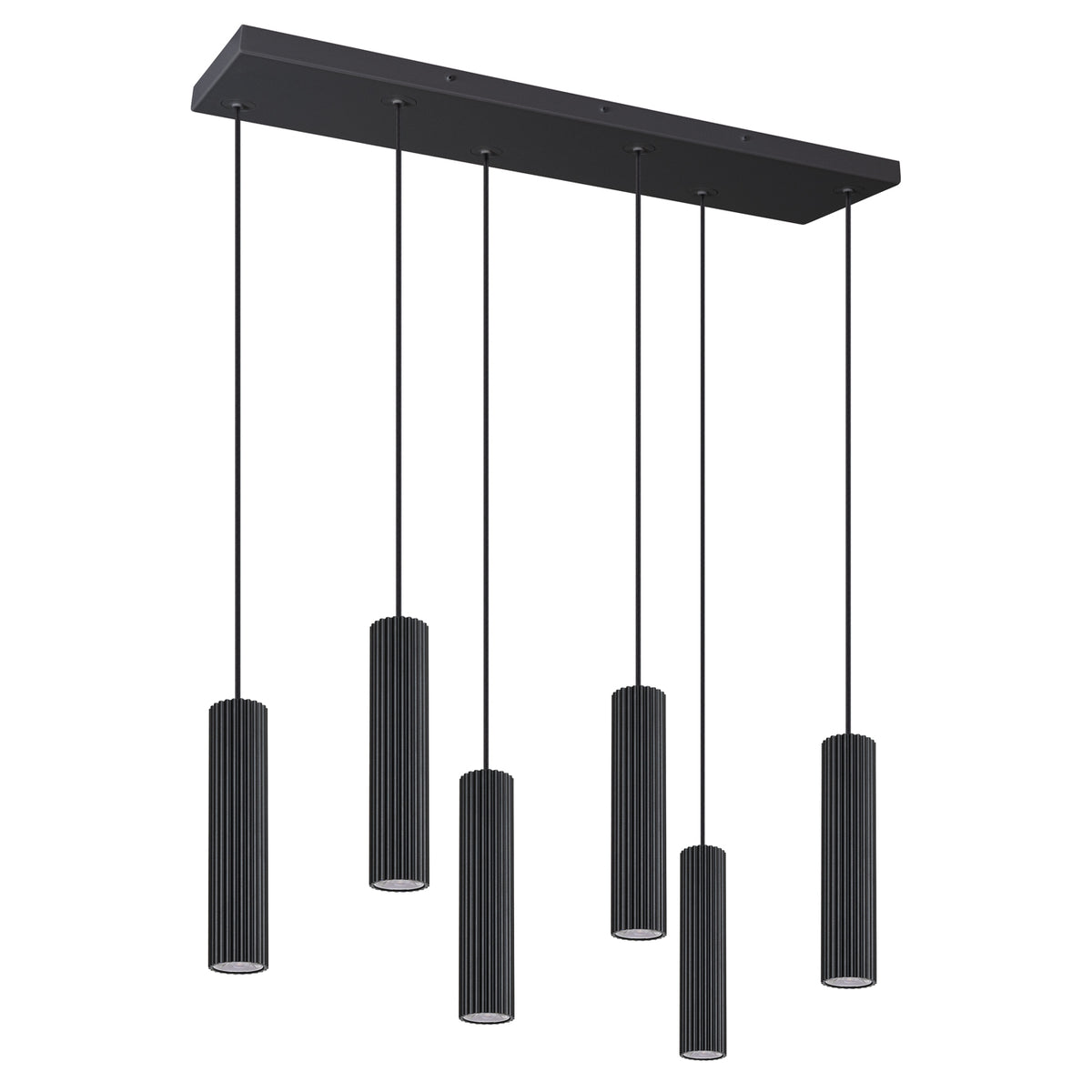 Version noire du luminaire, six abat-jour cylindriques noirs suspendus à câbles noirs.