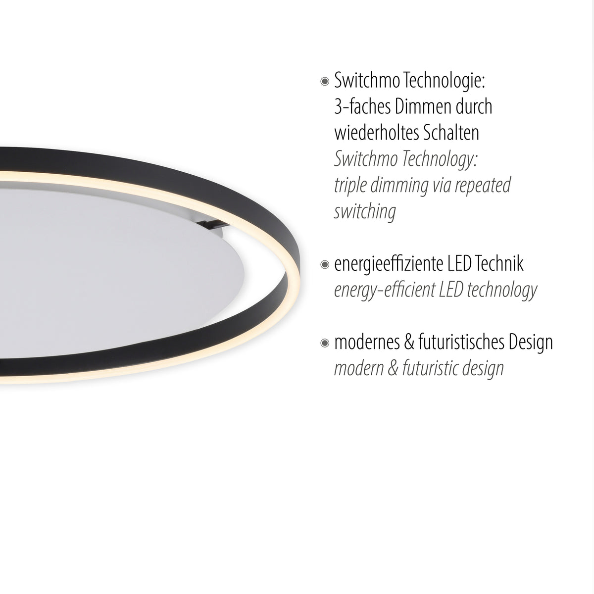 Détail du luminaire avec texte allemand et anglais sur la technologie Switchmo.