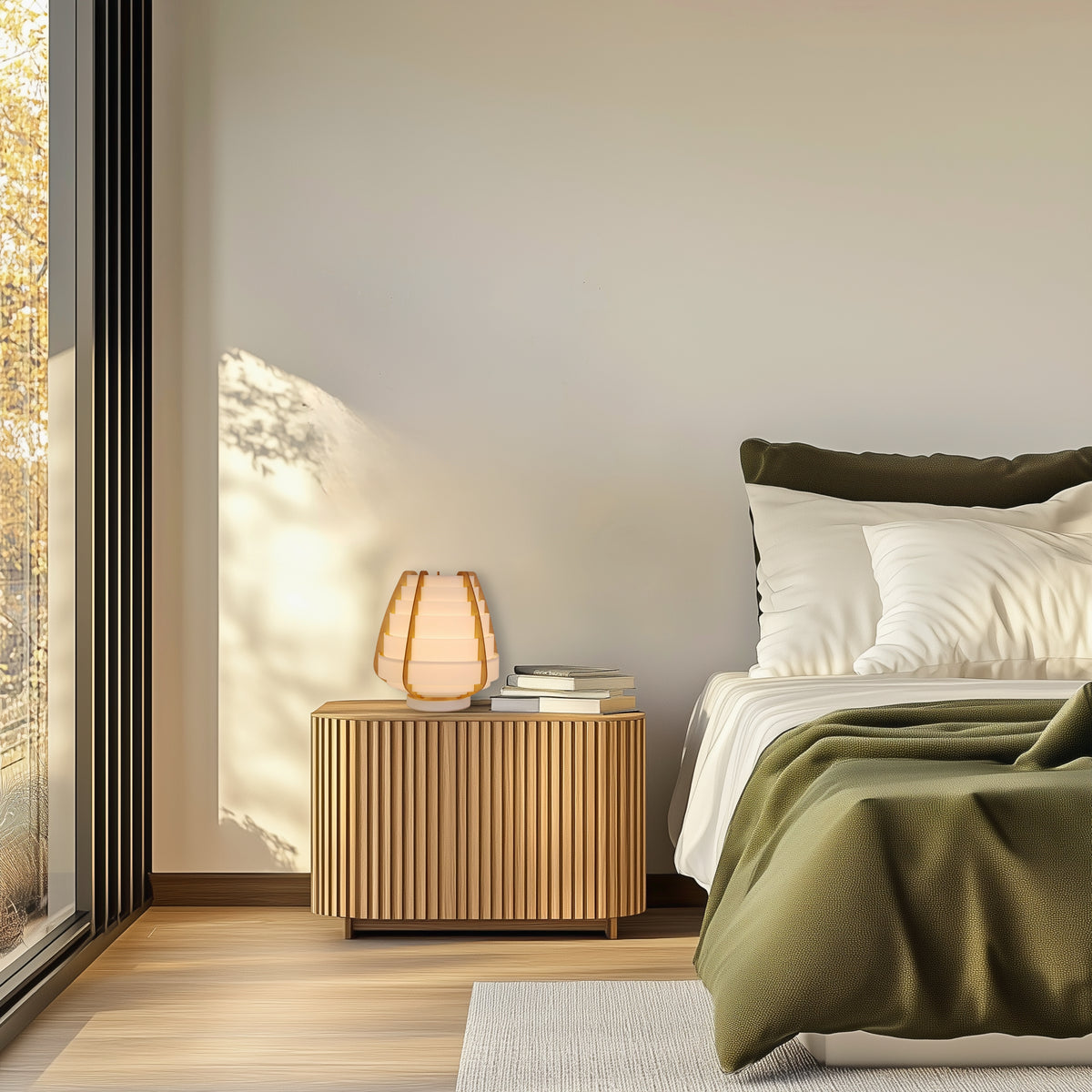Mise en ambiance : lampe allumée sur une table de chevet en bois.