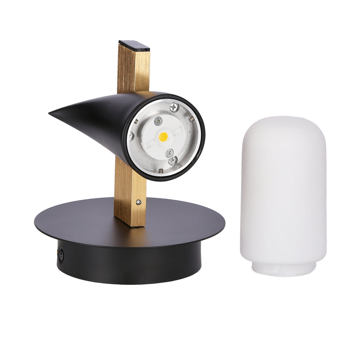 Vue éclatée du luminaire avec tête orientable, tige laiton et diffuseur séparé