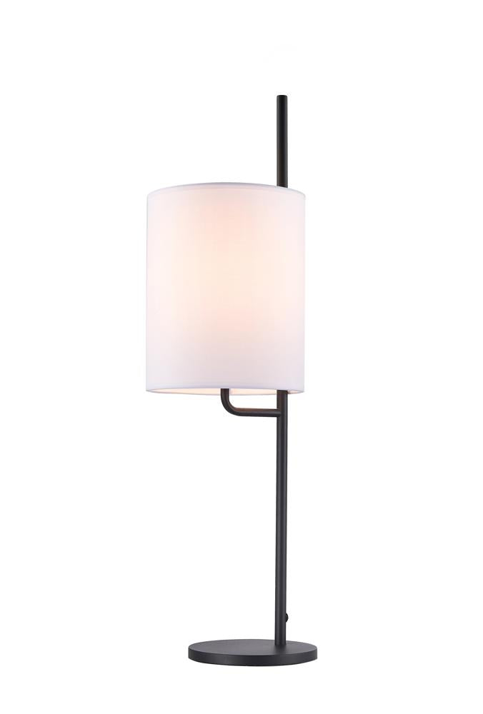 Lampe à poser noire sur fond blanc, abat-jour cylindrique en tissu blanc