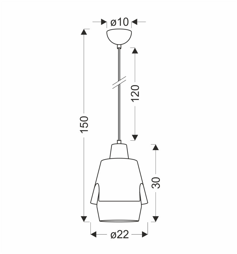 Schéma coté du luminaire indiquant hauteur 150 cm et diamètre 22 cm