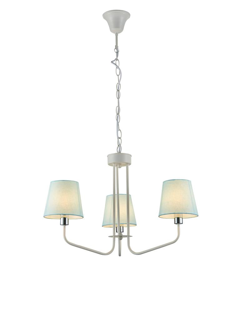 Lustre trois lumières blanc de face, abat-jours coniques en tissu et chaîne de suspension