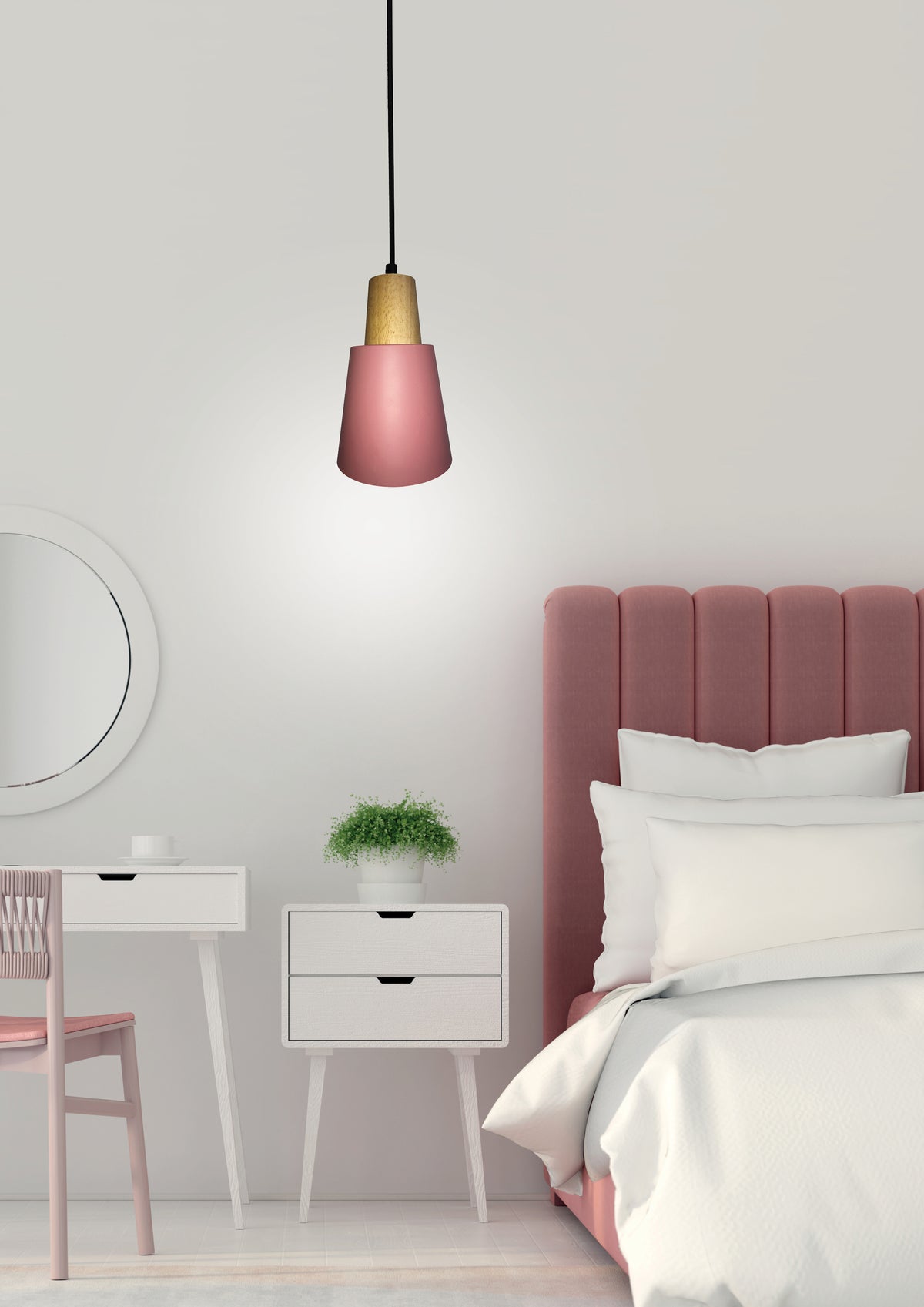 Mise en ambiance chambre : suspension allumée au-dessus d'une table de chevet blanche