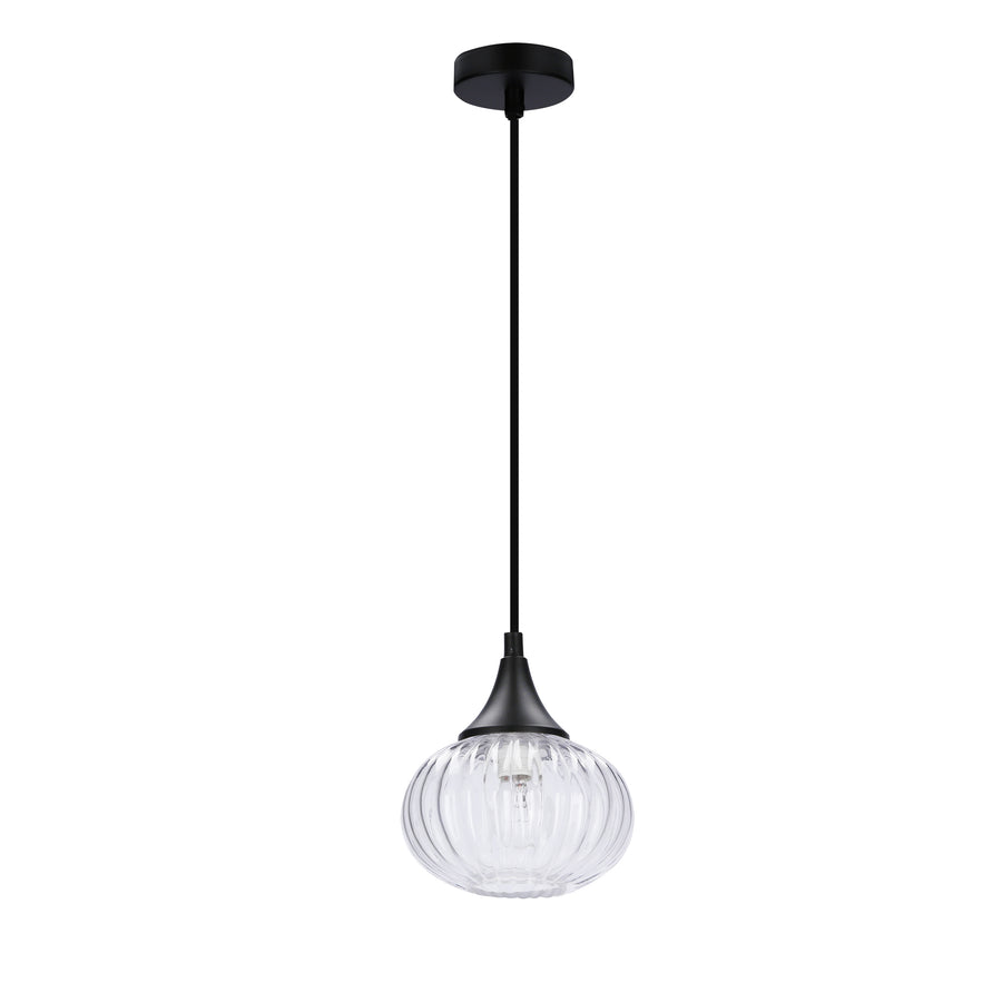 Suspension noire à verre strié transparent, vue de face sur fond blanc, produit seul