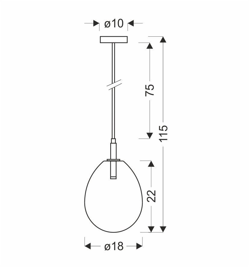 Schéma technique coté : diamètre 18 cm, hauteur 22 cm et câble réglable