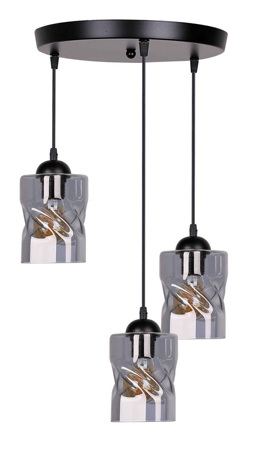 Suspension noire trois lumières éteintes, verres fumés cylindriques sur fond blanc