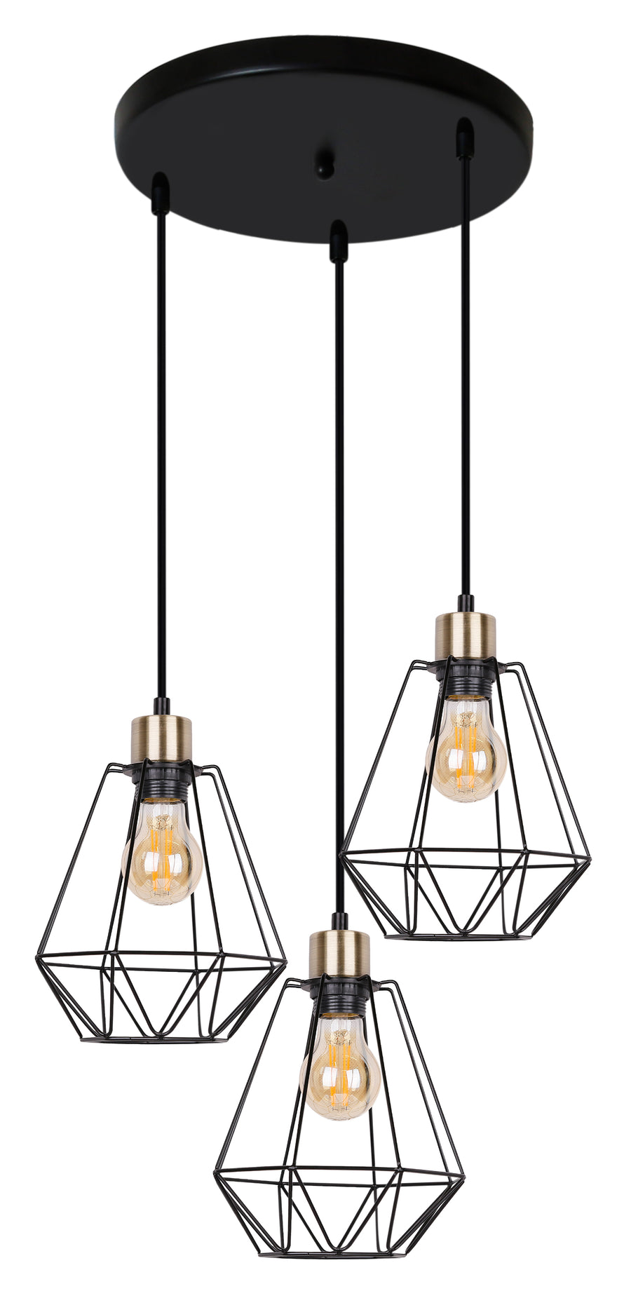 Suspension trois lumières vue de face, cages géométriques noires et douilles laiton patiné