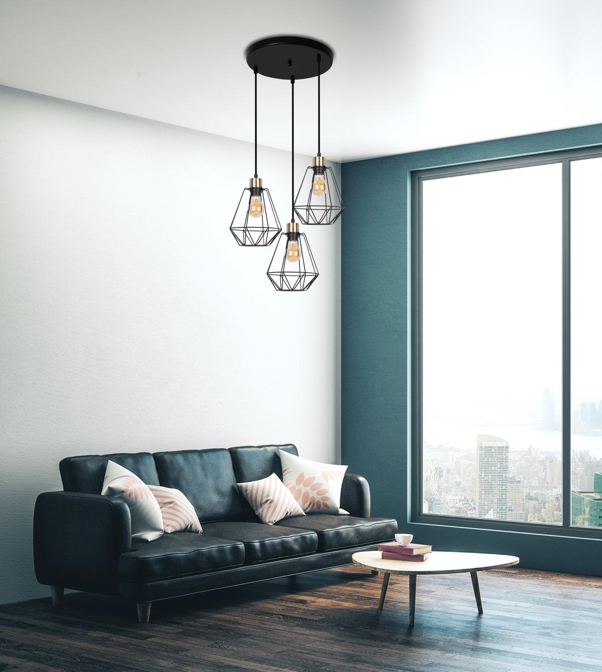 Mise en ambiance du luminaire suspendu au-dessus d'un canapé noir dans un salon contemporain