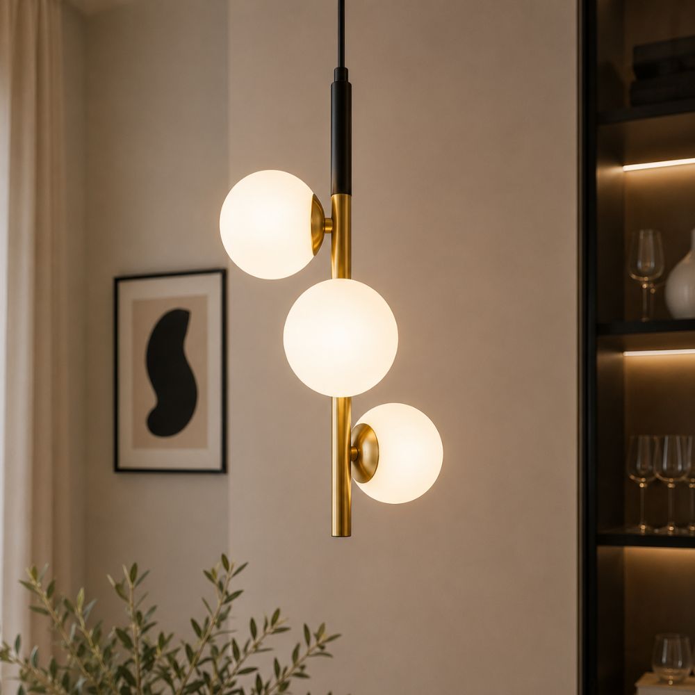 Vue rapprochée du luminaire allumé, globes blancs et tige dorée dans un intérieur