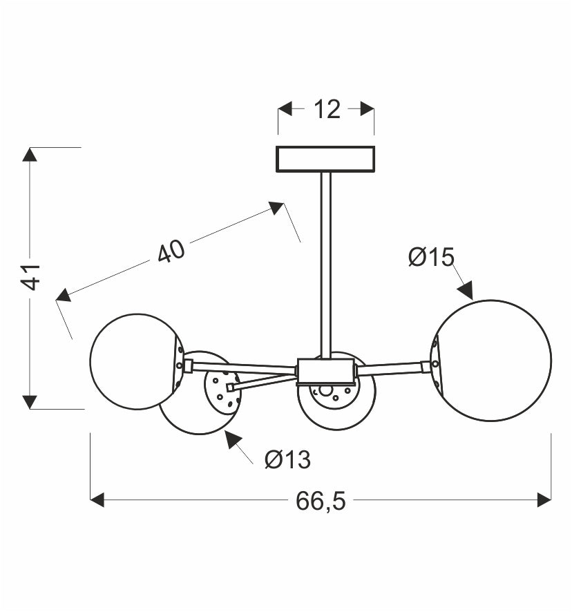 Schéma coté : largeur 66,5 cm, hauteur 41 cm, diamètre des globes 15 cm.