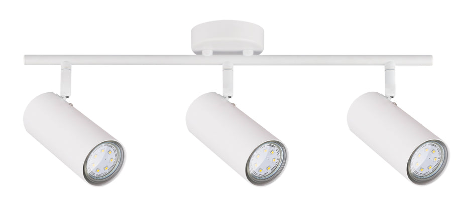 Plafonnier blanc trois spots cylindriques orientables, barre horizontale, vue de face sur fond blanc