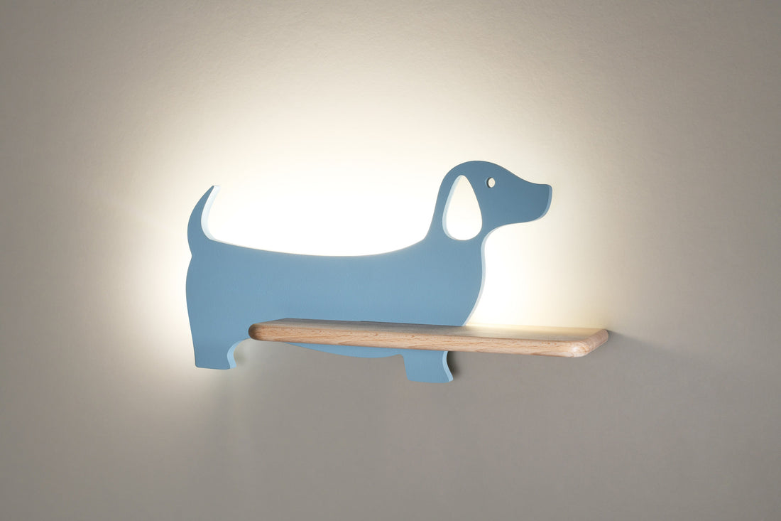 Applique murale LED Dog pour chambre d'enfant bleue, bois