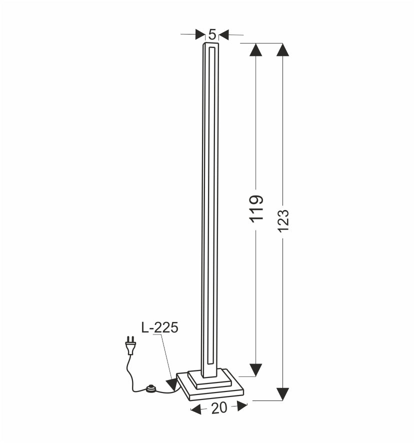 Schéma coté indiquant hauteur 123 cm, largeur 5 cm et base 20 cm