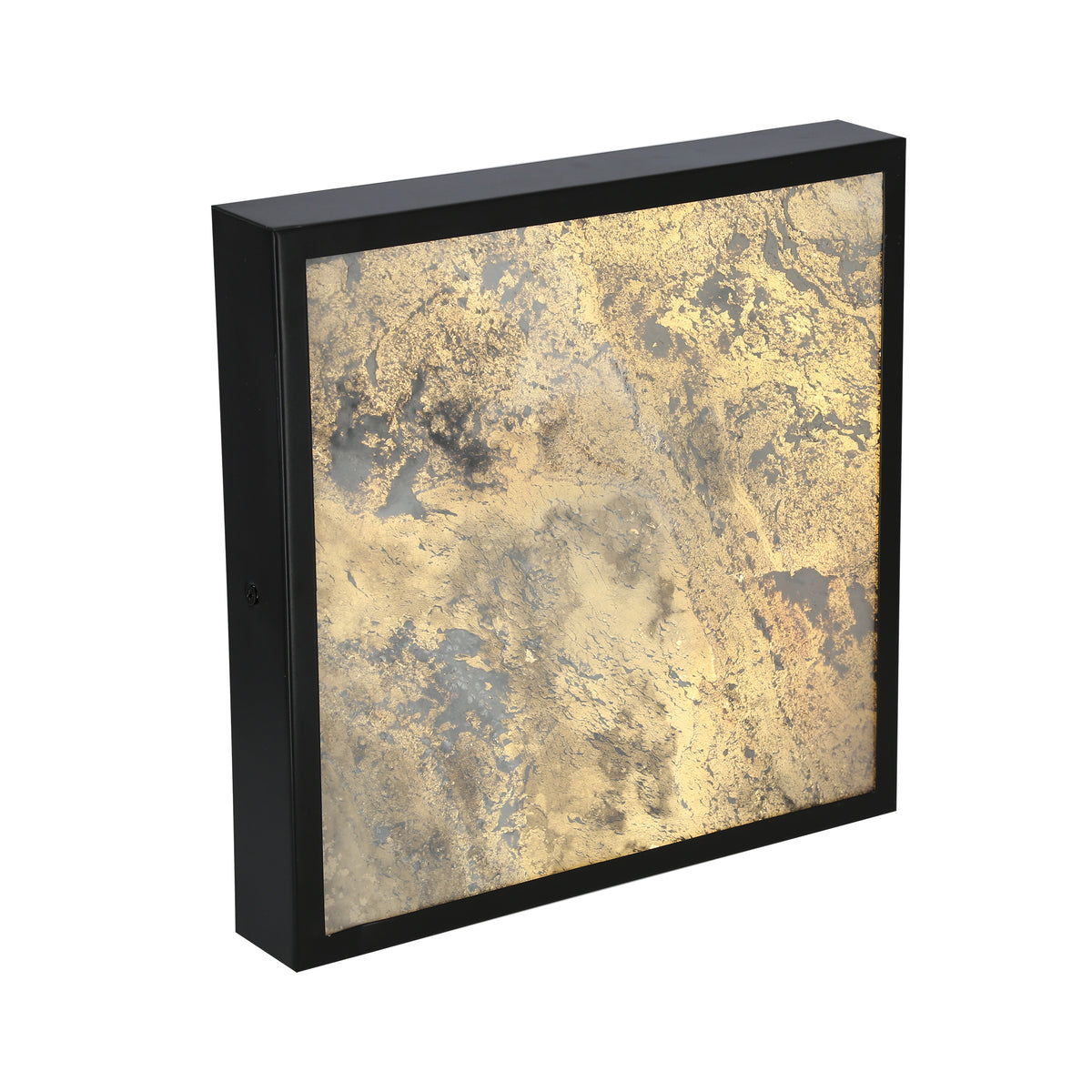 Luminaire allumé, diffuseur doré et verre marbré dans cadre noir.