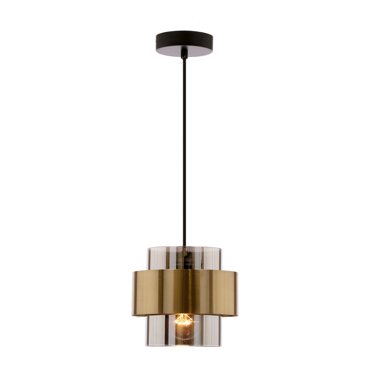 Même suspension vue de face, ampoule à filament allumée diffusant une lumière chaude