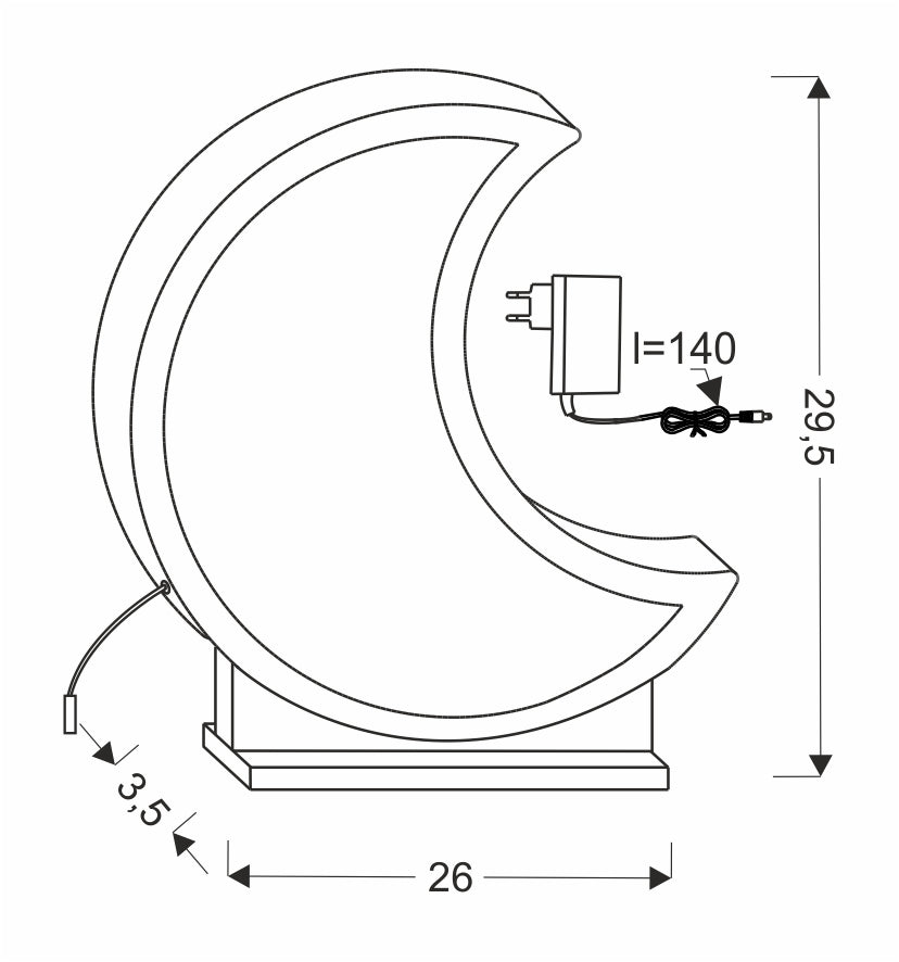 Schéma coté de la lampe lune avec dimensions et bloc d'alimentation.