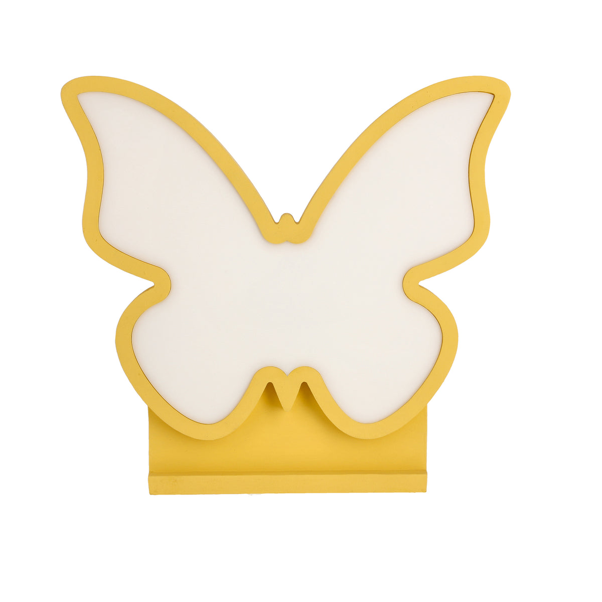 Luminaire papillon jaune présenté bien à plat, face avant sur fond blanc