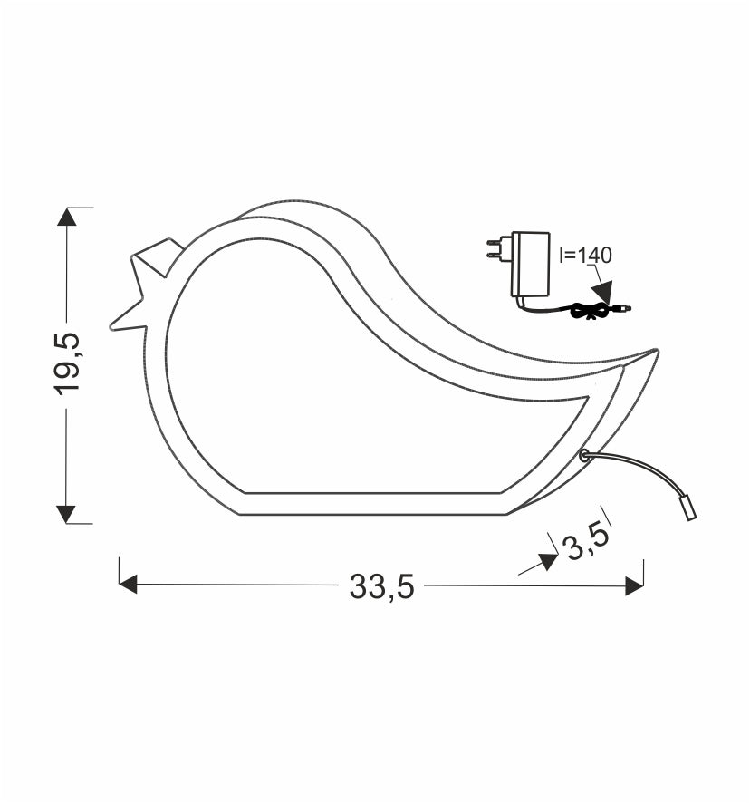 Schéma coté du luminaire : largeur 33,5 cm, hauteur 19,5 cm et câble