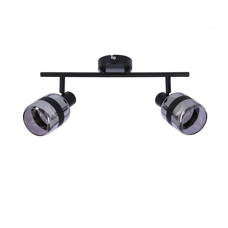 Vue de face du plafonnier noir à deux spots orientables en verre fumé