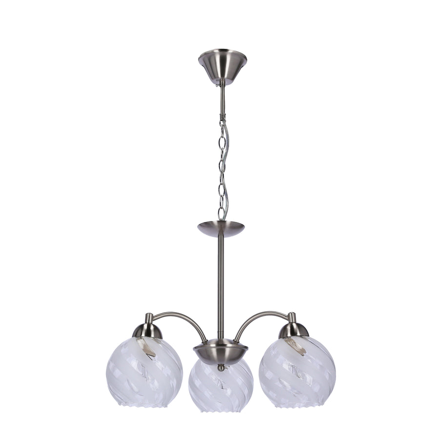 Produit de face sur fond blanc, suspension trois lumières en verre et nickel satiné.